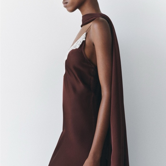 Zara viral chocolate brown maxi slip dress with lace neckline - size Large (L) - Picture 5 of 10
